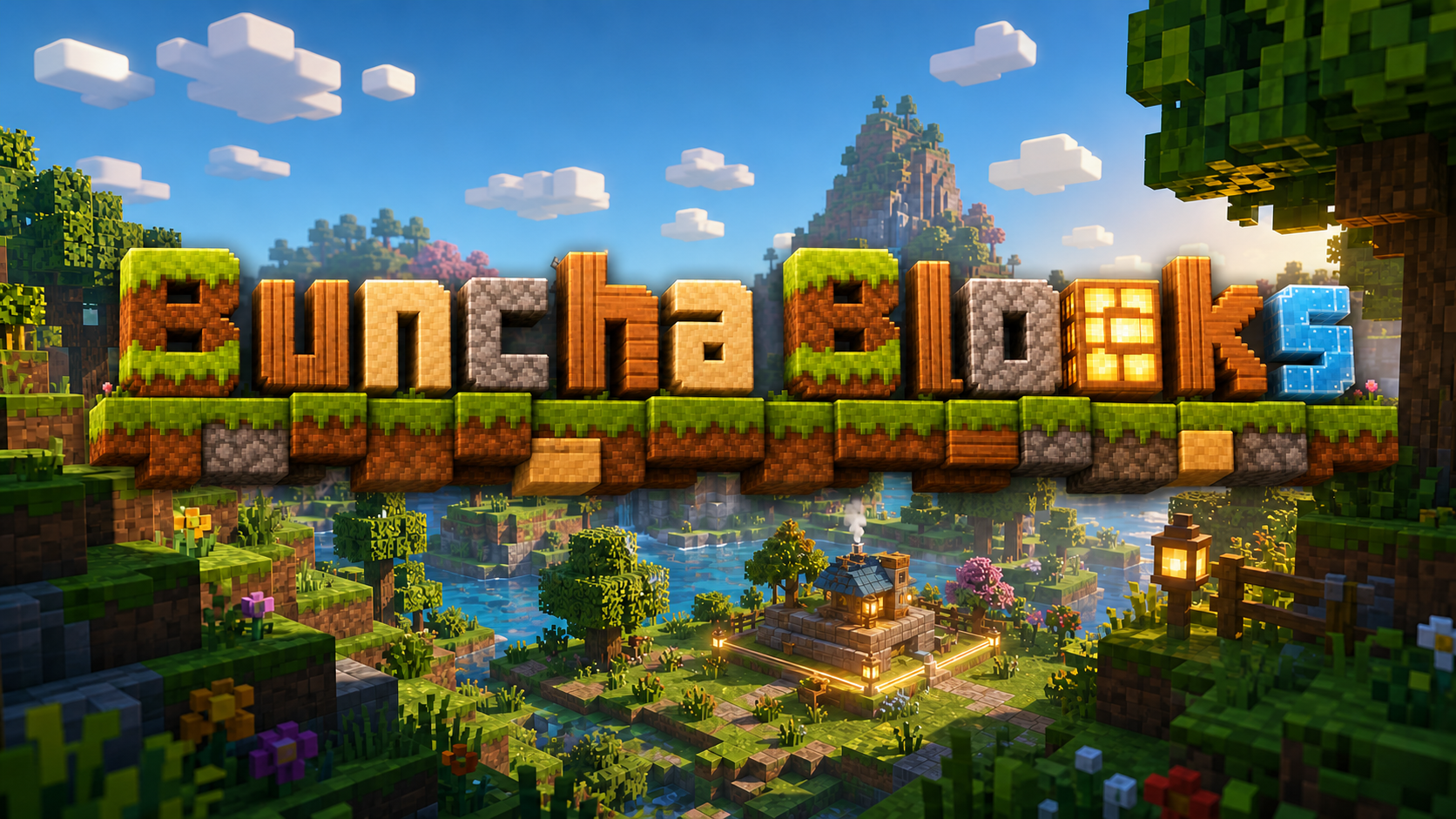 Buncha Blocks logo over a bright block-built world