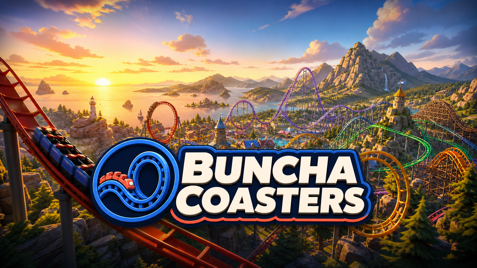 Buncha Coasters theme park and logo at sunset