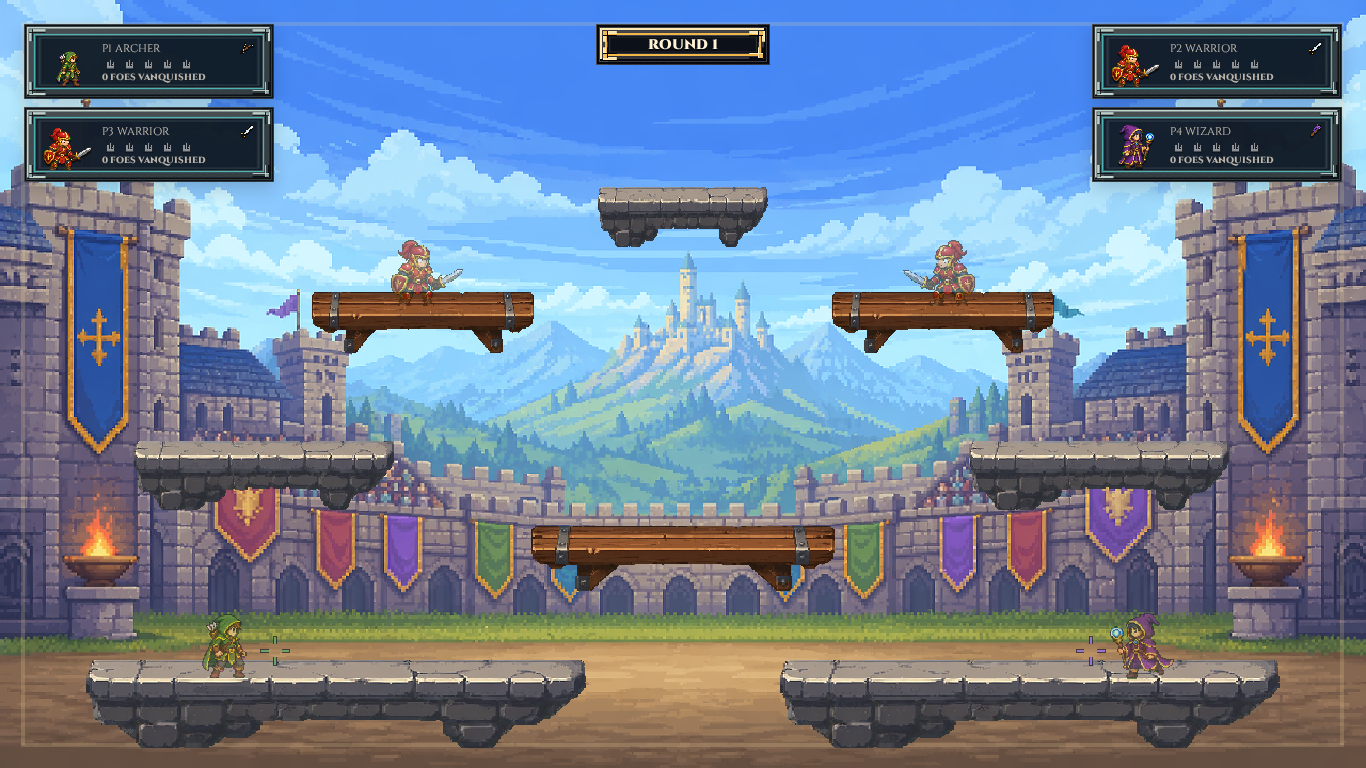 Medieval Duels four-player skirmish in a compact medieval arena