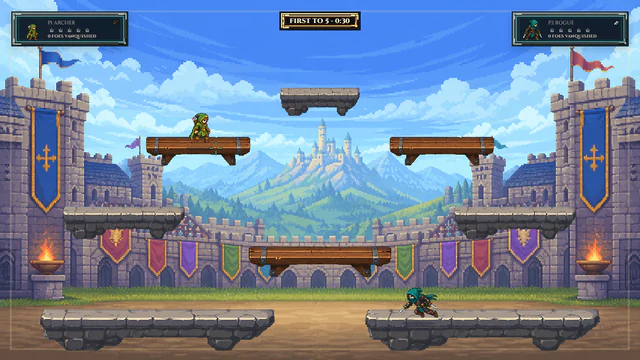 Medieval Duels character select screen with four fantasy combatants