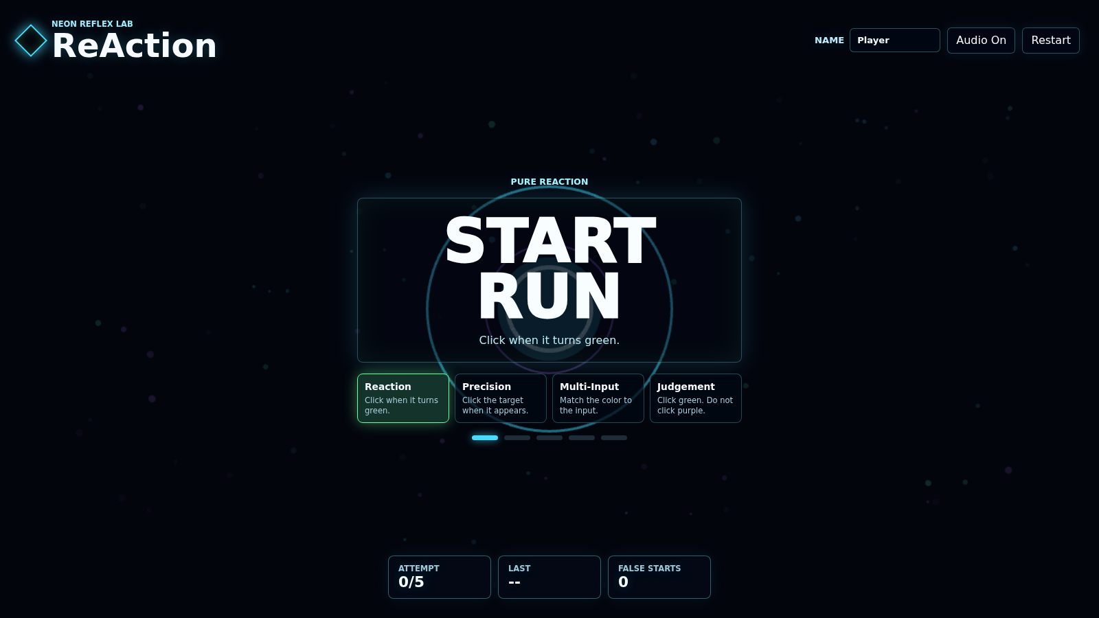 ReAction mode select menu with four reflex game modes