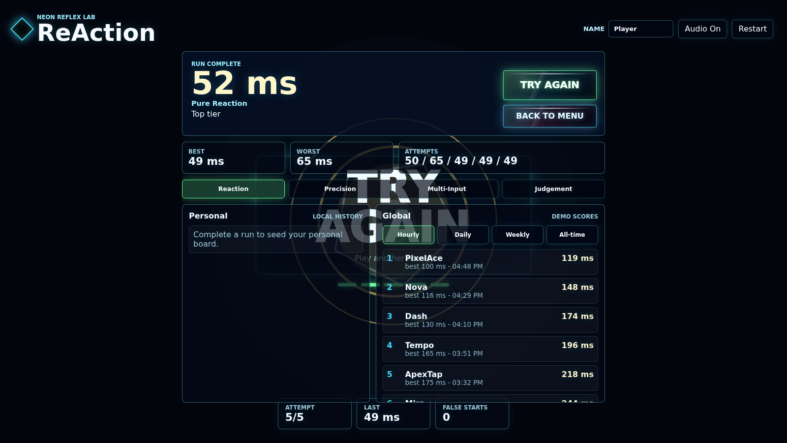 ReAction results screen with score summary and leaderboards