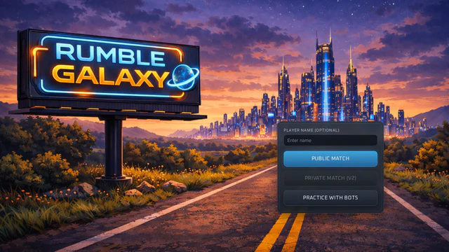 Rumble Galaxy neon title sign over a futuristic city