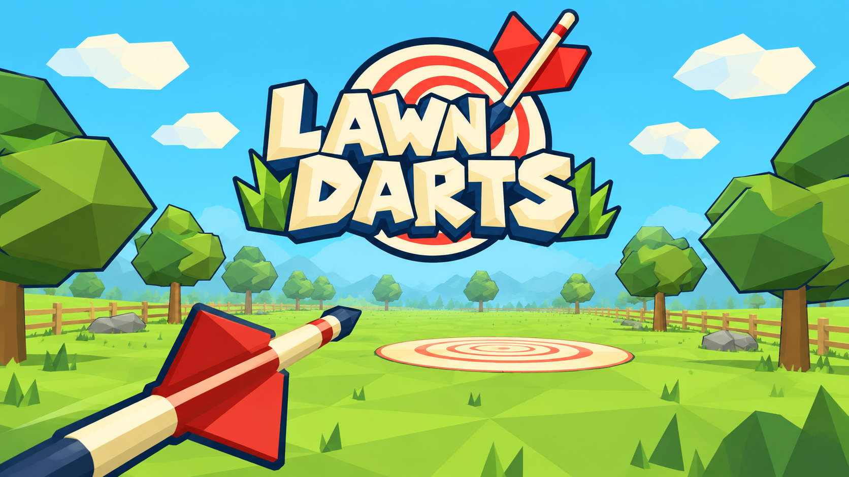 Lawn Darts: aim a red-finned dart at a target on a sunny lawn.