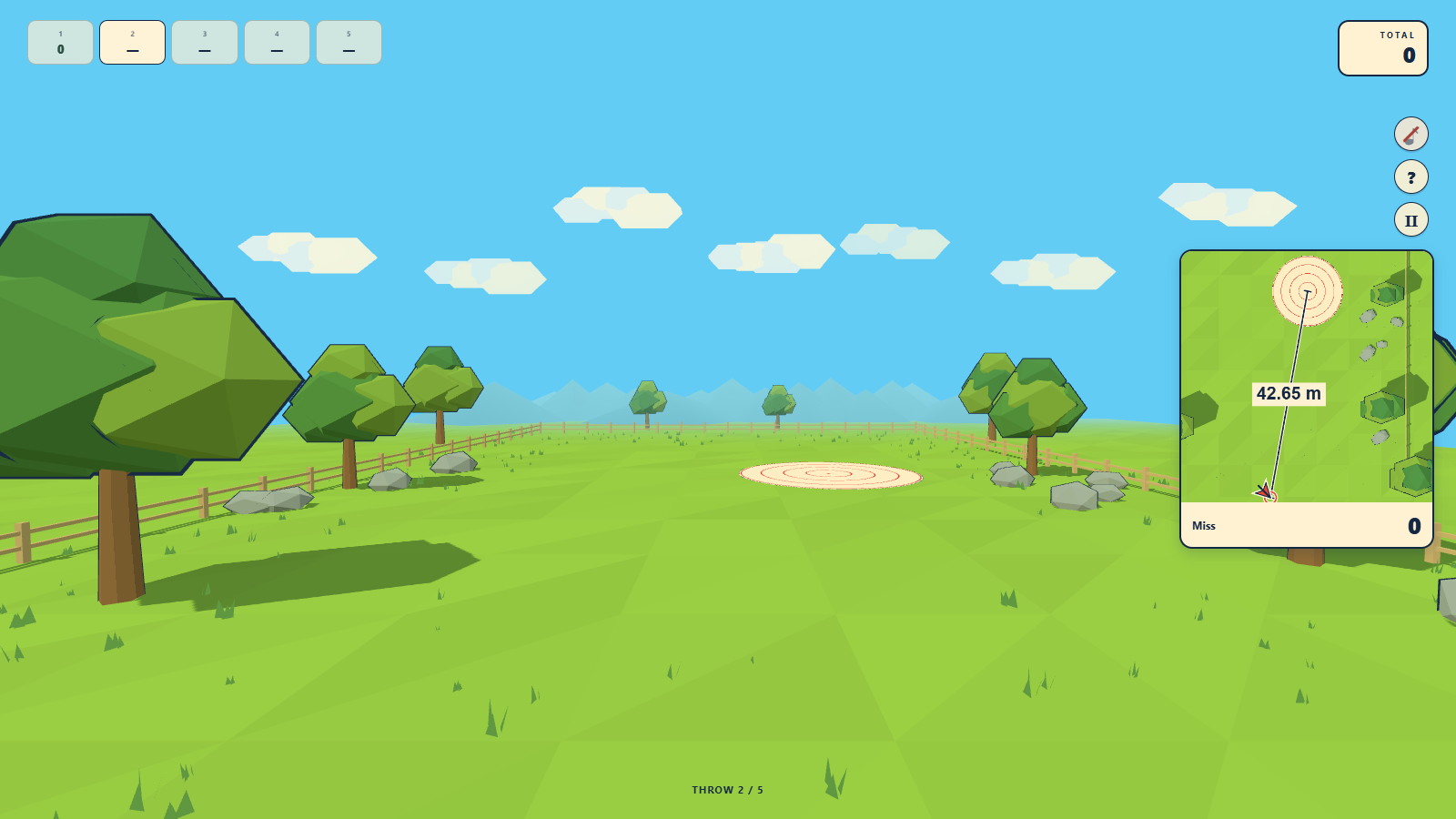 Lawn Darts desktop gameplay and throw result.