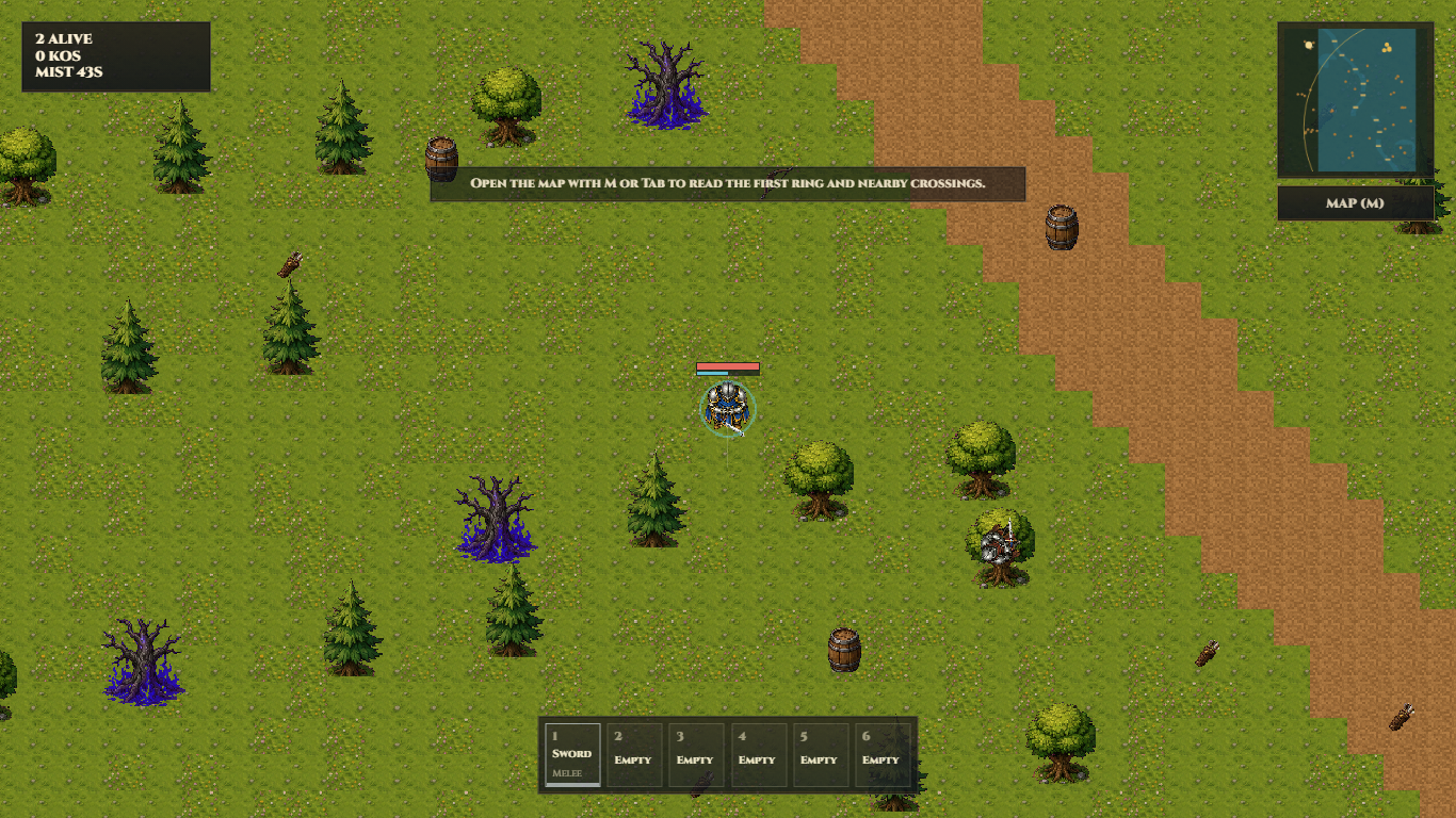 Medieval Royale North Woods gameplay with forest cover, roads, and scattered loot.
