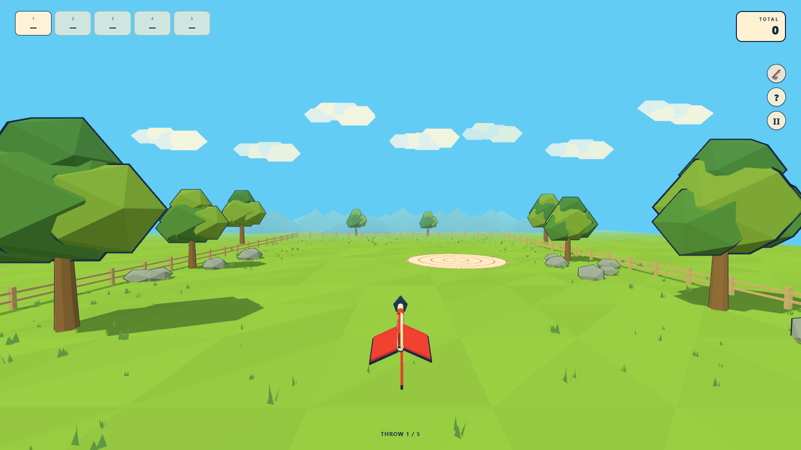 Lawn Darts gameplay: aiming from behind the dart toward the lawn target.