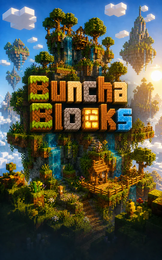 Buncha Blocks logo over a bright block-built world
