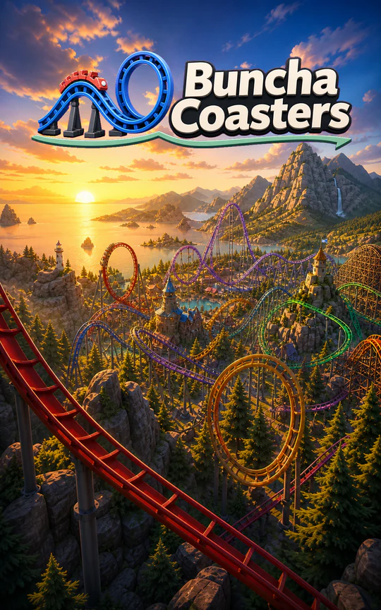 Buncha Coasters theme park and logo at sunset